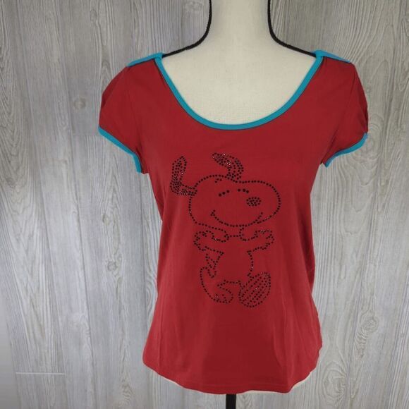 Peanuts Snoopy Babydoll T-Shirt Black Rhinestone Snoopy Outline Red and Blue Sz - Picture 1 of 7